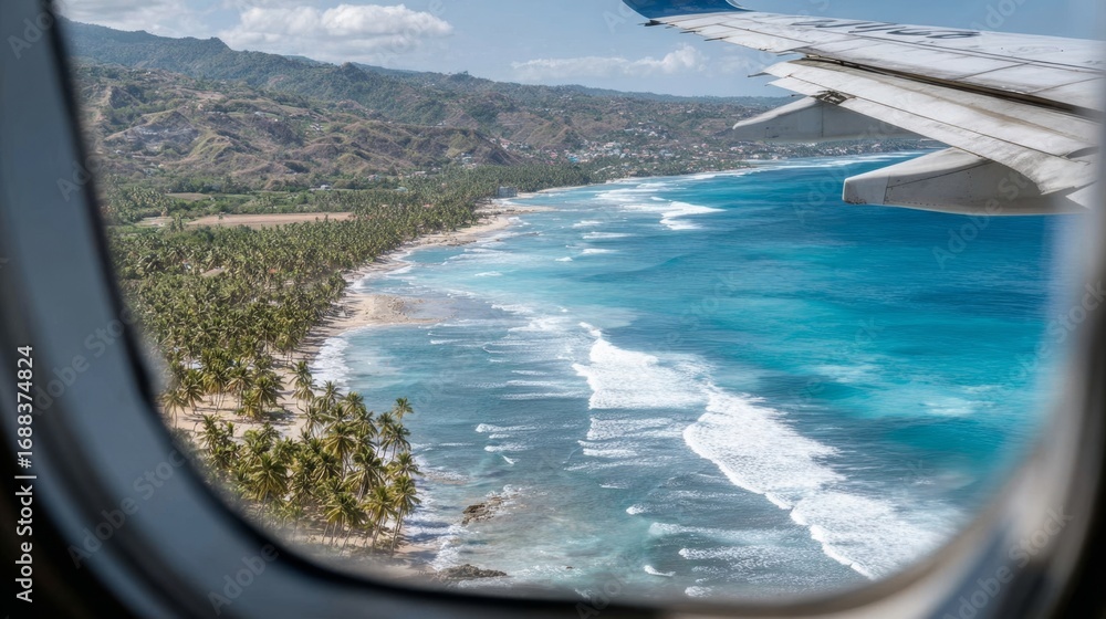 Fototapeta premium Flying over a stunning tropical landscape with palm trees lining the beach and waves hitting the shore
