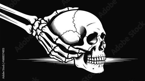 A monochrome image depicting a skeletal hand holding a human skull against a black background art