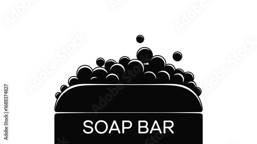 A black and white illustration of a soap bar with bubbles above it and the words soap bar below it