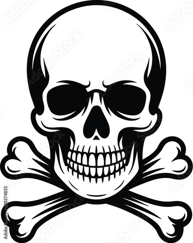 A graphic illustration of a skull with crossbones in black and white on a plain white background image
