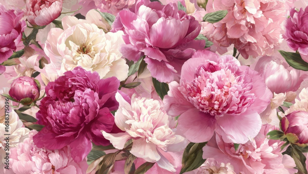A vibrant floral pattern of peonies in shades of pink and cream