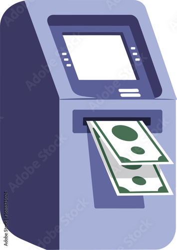 Illustration of an automated teller machine dispensing cash, showing money being withdrawn.