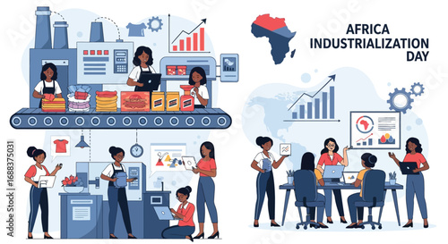flat vector of African women entrepreneurs in factories and offices, symbolizing empowerment and industrial growth on Africa Industrialization Day