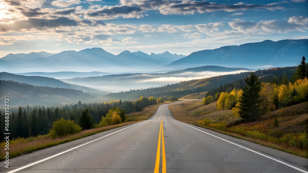 Fototapeta premium Scenic Mountain Highway with Forest and Blue Sky Landscape