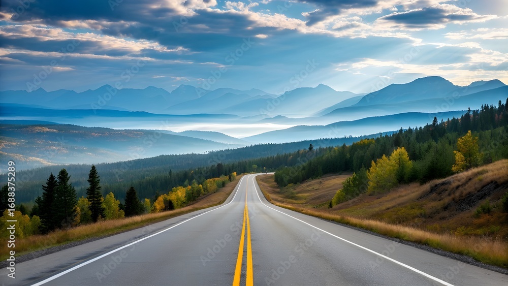 Fototapeta premium Scenic Mountain Highway with Forest and Blue Sky Landscape