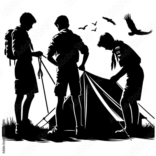 Black and White Vector Silhouette of Scouts Building Tent