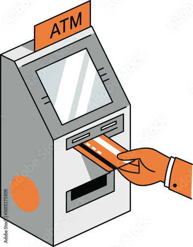 Hand inserting a credit card into an ATM machine for a transaction.