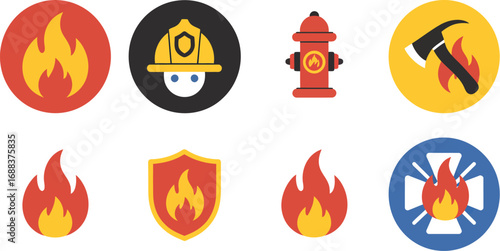 A collection of firefighter related icons including flames, a hydrant, and a firefighter helmet icon