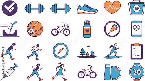 Fitness and health icons isolated on transparent background