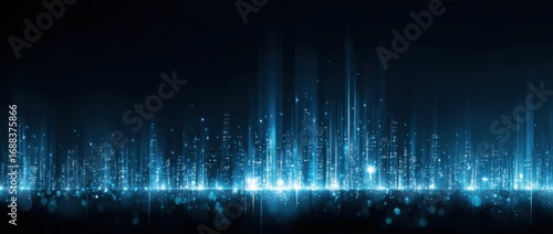 Futuristic city skyline, illuminated with vibrant blue light trails