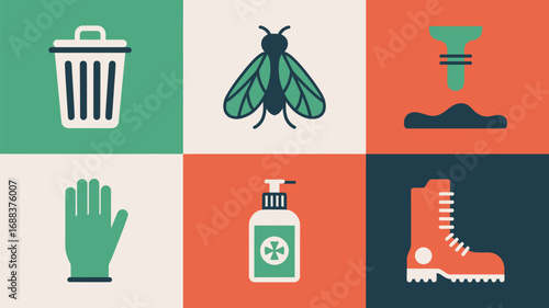 Illustrated icons showing trash can, fly, plunger, glove, sanitizer and boot displayed in a grid format