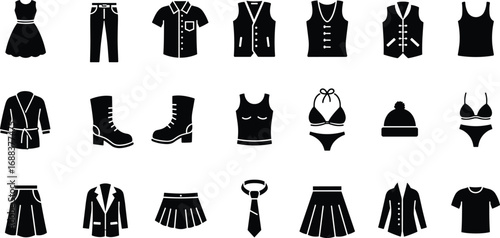 Assortment of black clothing and accessory icons on a white background Keywords: clothing, fashion
