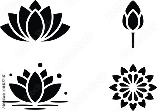 A collection of four black lotus flower designs in different stages of bloom on a white background