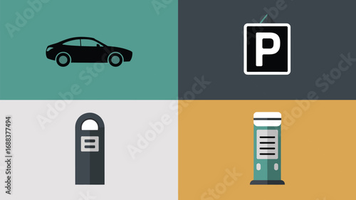 A graphic illustration showing a car parking sign and parking meter in a color block background