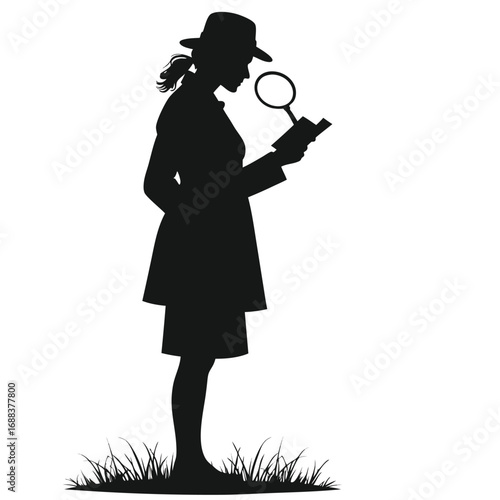 Woman detective silhouette examining document with magnifying glass