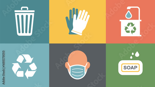 Illustrated icons depicting hygiene and environmental safety measures in a colorful grid format