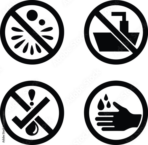 A collection of four black and white prohibition signs depicting various restrictions and safety measures