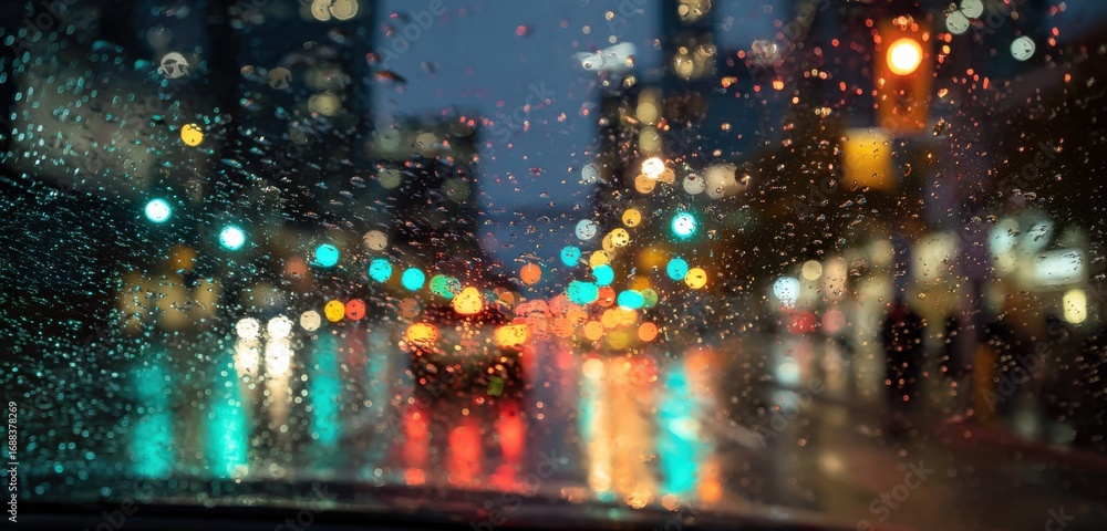 Fototapeta premium Blurry city lights through a rain-streaked windshield at night
