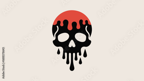 A stylized black skull with red dripping from the top, set against a light beige background plain
