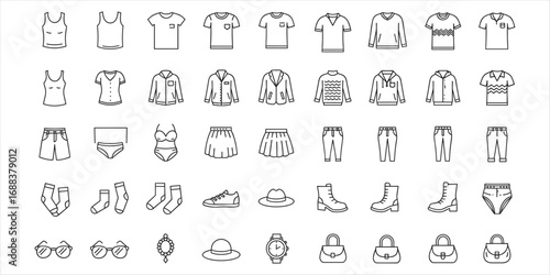 Collection of clothing and accessory line art icons on white background fashion apparel