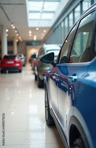 New modern cars lined up inside spacious auto dealership showroom, featuring blue car in foreground with blurred background of vehicles. Bright, clean interior variety of automobile models ready for