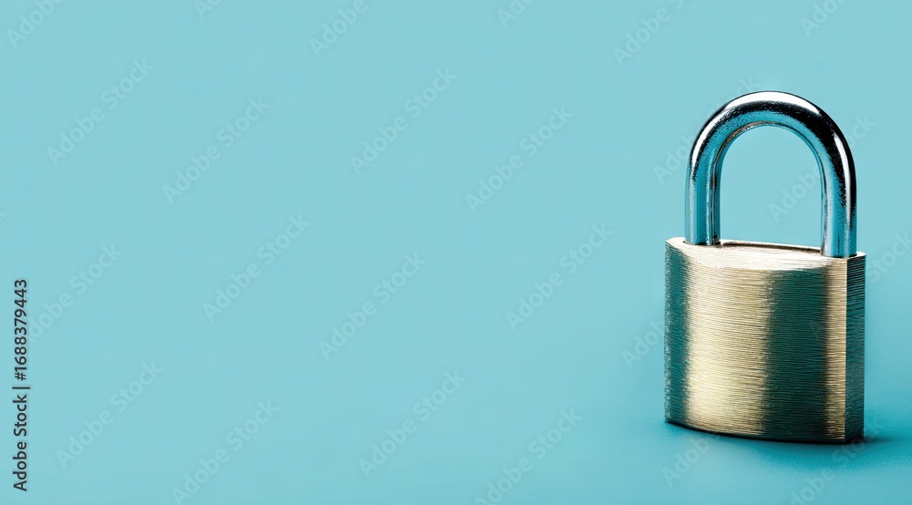 Fototapeta premium A brass padlock with a shiny chrome shackle sits on a light blue background, angled slightly to the right, leaving ample copy space to the left