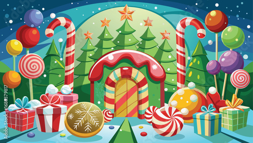 Happy birthday celebration card illustration with fun gift box and a bow ribbon, new year party decoration art with a Christmas tree and winter holiday cake design