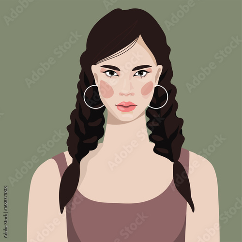 Portrait of a beautiful  woman.  dark hair braided into two spikelet braids . Avatar for social media. Diversity. Bright vector illustration in flat realistic style.