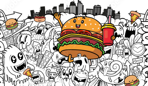 Doodle cartoon burger fast food illustration