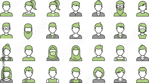 Diverse People Avatars with Green Accents on White Background Keywords: avatar, profile, icon, people
