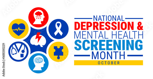National Depression and Mental Health Screening Month background, banner, card or poster design template is observed every year during October, to raise awareness about the mission. Vector