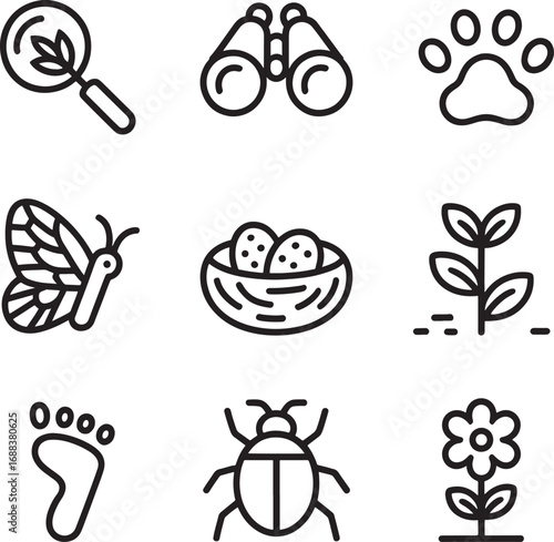 Nature and Wildlife Icons in Black and White Line 