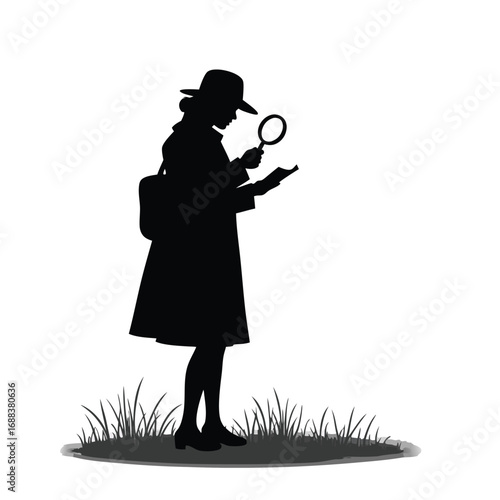 Woman in trench coat and hat examining document with magnifying glass
