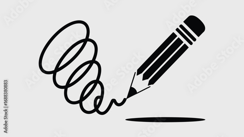 A graphic illustration of a pencil drawing a squiggly line with a shadow on a white background art