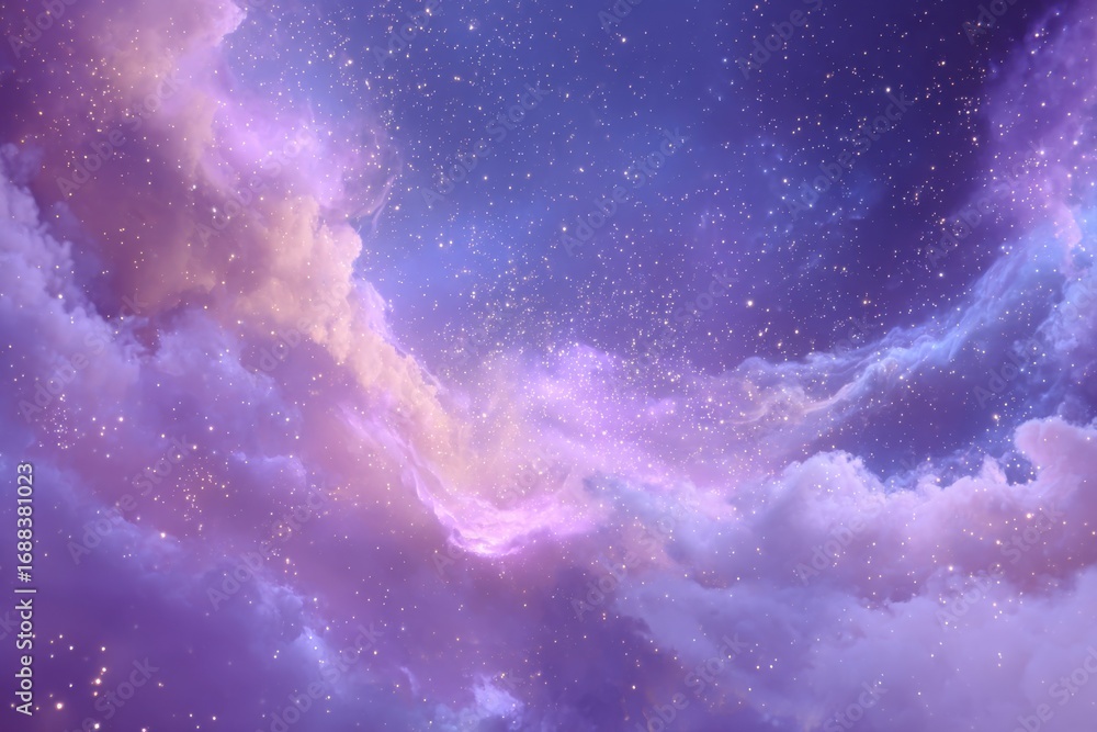 Fototapeta premium Vast, ethereal clouds painted in soft purples and pinks, dusted with golden stars