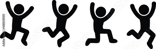Four Black Silhouettes Of People Jumping With Arms Raised On White figures