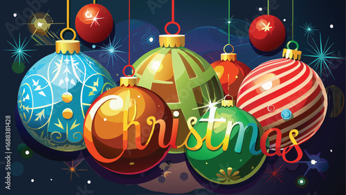 Red Christmas balls and golden snowflakes hang from a snow-covered tree, a perfect holiday decoration for a New Year's celebration card