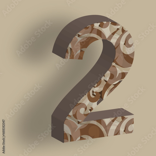 3D number 2 with patterned on number along with shadow design on light brown background