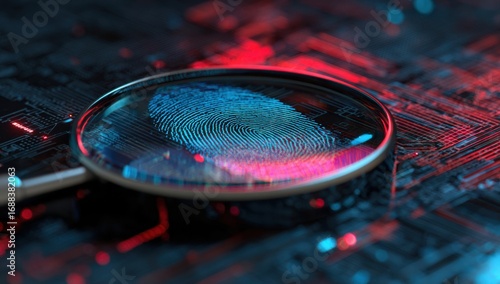 Magnifying glass over a fingerprint on a circuit board