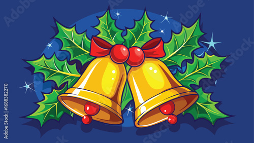 Golden Christmas bells with a red ribbon and holly decoration for the holiday season