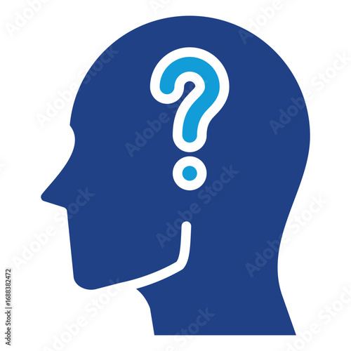 Thinking Mind Glyph Blue Silhouette Icon Design Vector - Human head with question mark inside, symbolizing curiosity, doubt, or problem-solving