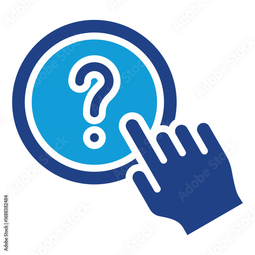 Click Question Glyph Blue Silhouette Icon Design Vector - Hand clicking on a question mark button, representing online help, request, or interactive support