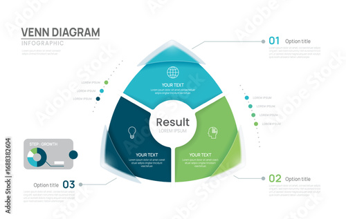 Venn diagram business infographic chart template 3 options steps, presentation with venn diagram elements vector illustration.