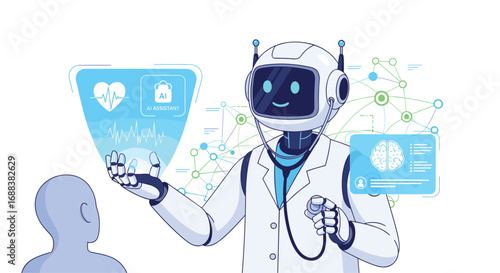 Friendly AI doctor uses advanced technology to analyze patient health data with futuristic medical interface and brain scan display, Generative AI.