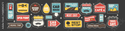 Retro sticker set. Scenic view, cafe, garage and fuel signs in 50s road trip theme. Mid Century style illustration on dark background