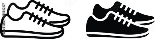 Pair of black and white outline and solid fill sneakers icons on white background shoe footwear