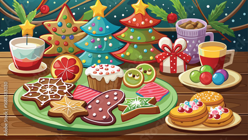 Festive homemade gingerbread Christmas cookies with star and heart shapes decorated with icing