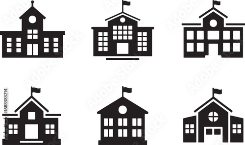 School Building Icons in Black and White Silhouette Style 