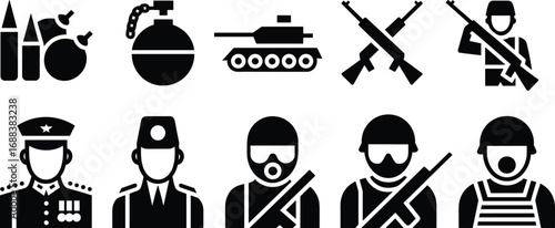 Set Of Ten Black Military And Weapon Icons On White Background army soldier