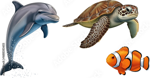 Playful dolphin, sea turtle, and clownfish swim in vibrant ocean, inviting underwater exploration